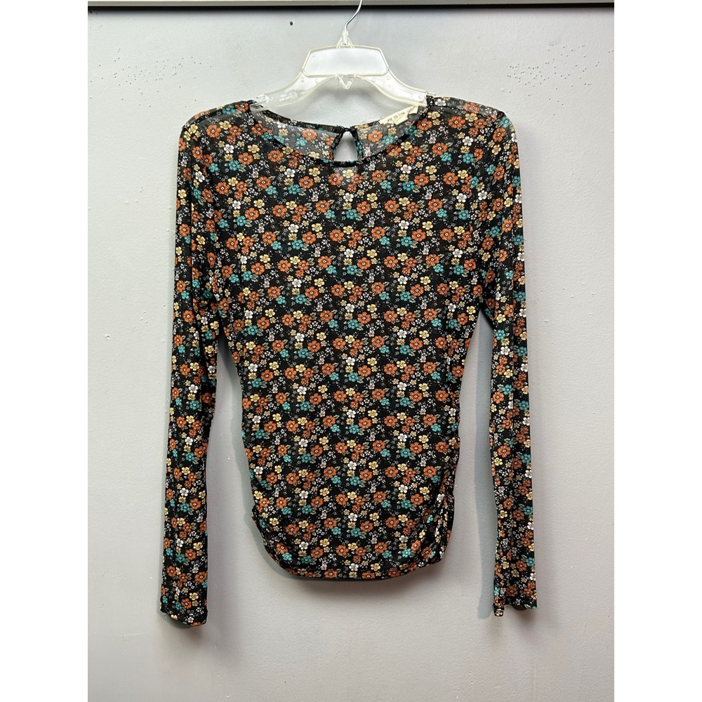 Pie In The Sky Top Womens Large Black Floral Mesh Ruched Long Sleeve Tee
